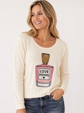 Wildfox White Label Crewneck Sweater Pink & Gold Sequin 'Love Potion' XS